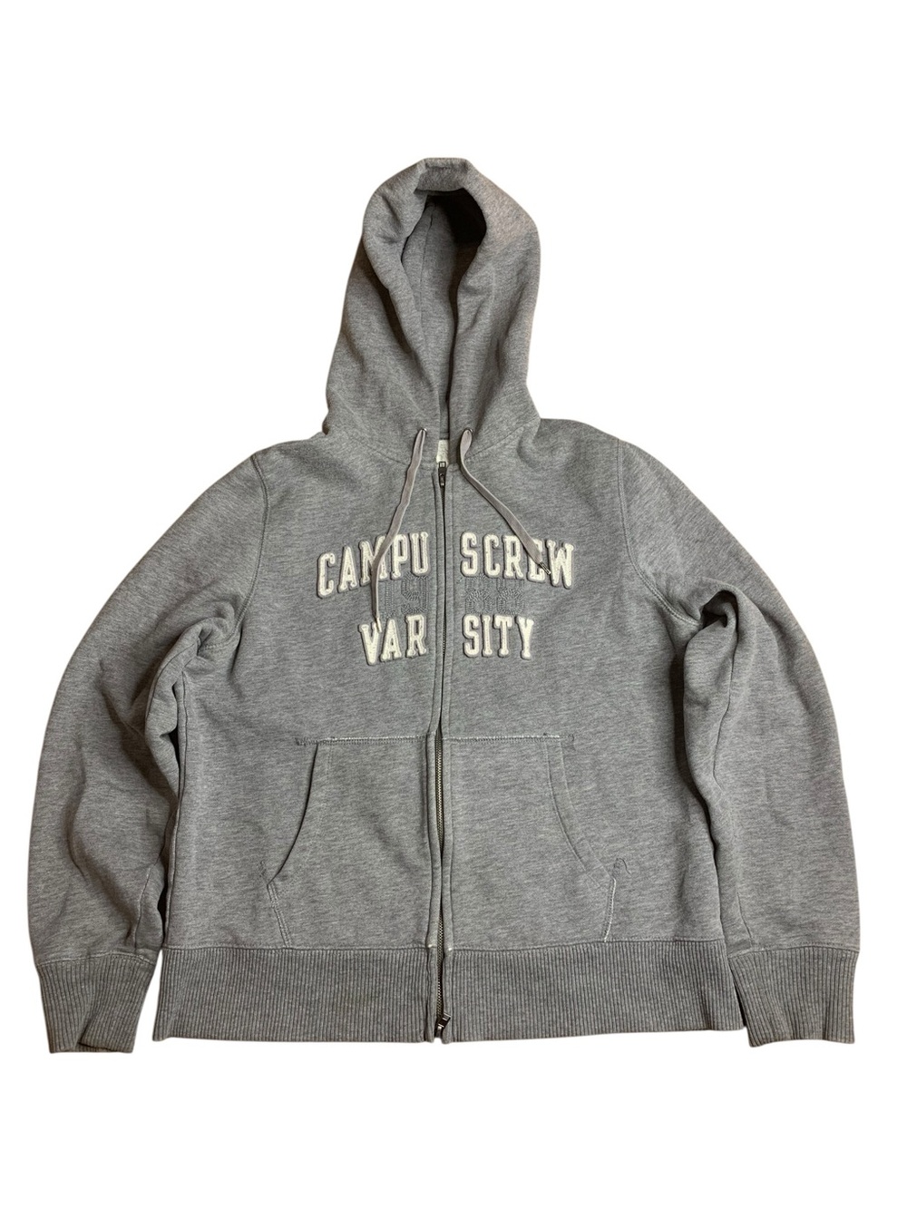 Campus Crew Varsity Full Zip Hoodie Grey XL/TG Oversized Y2K Style